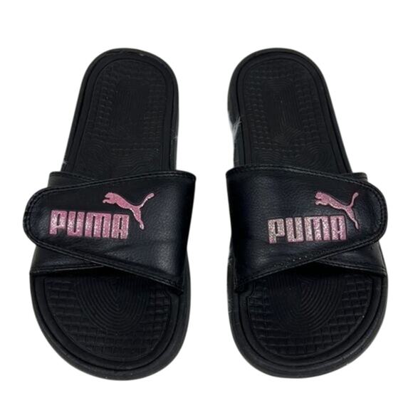 Puma Slides Womens 10 Black Pink Glitter Logo Strap Closire Athleisure Casual - Picture 1 of 5